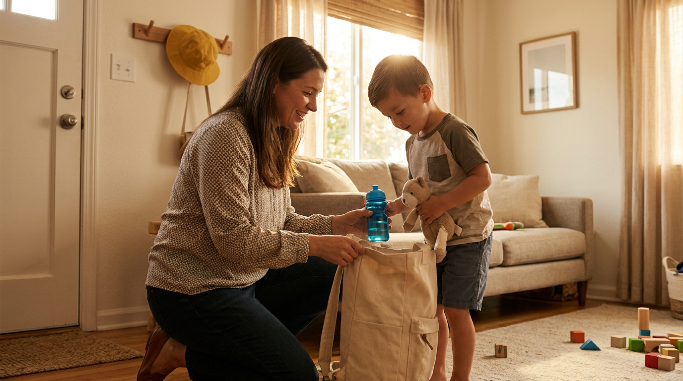 A mother kneels beside a young boy, about 4 years old, in a warm living room near the front door as he places a blue water bottle and a stuffed toy into a light backpack, with soft summer sunlight, a sun hat on the wall, and a few toys visible in the room.