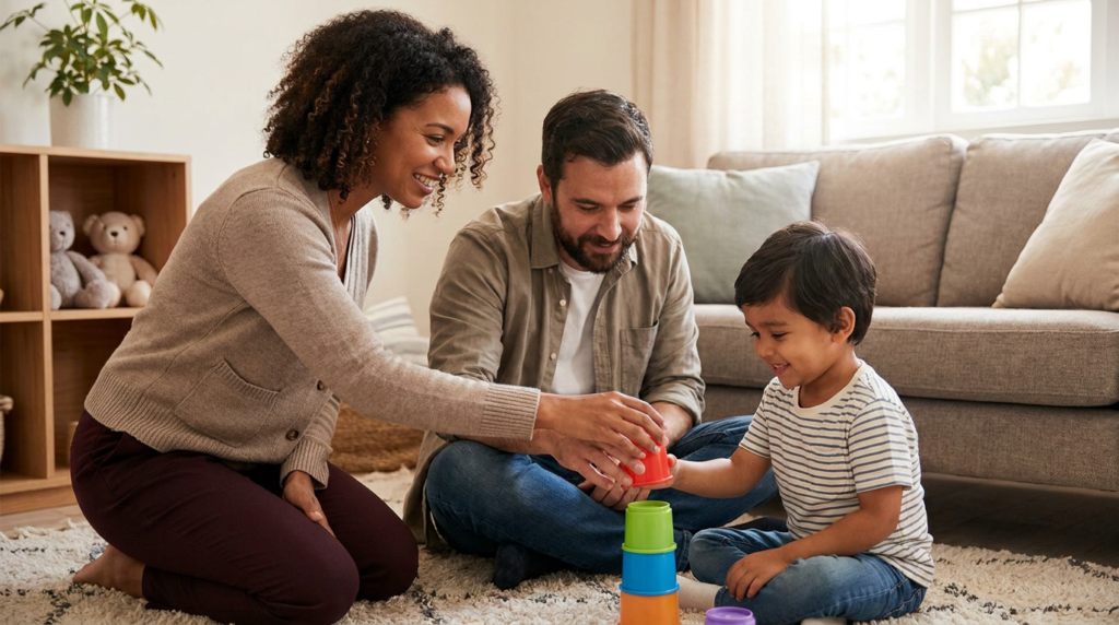 A young boy around 4 years old sits on a living room rug smiling as he stacks colorful cups with two supportive adults beside him in a warm home setting with a sofa, soft natural light, and simple toys in the background.