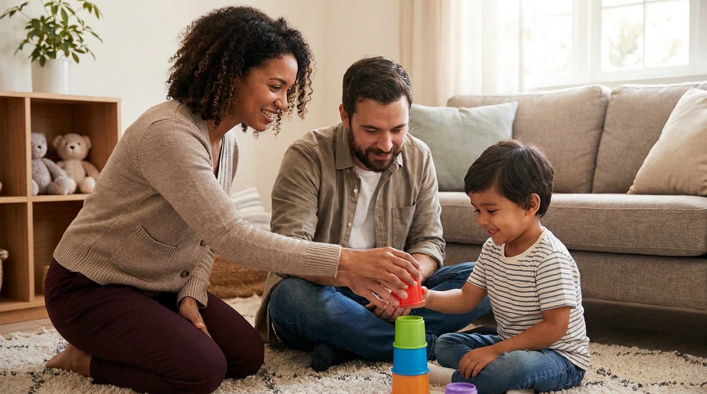 A young boy around 4 years old sits on a living room rug smiling as he stacks colorful cups with two supportive adults beside him in a warm home setting with a sofa, soft natural light, and simple toys in the background.