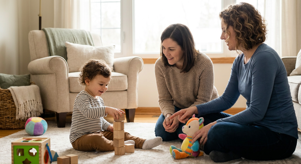 A toddler around 2 to 3 years old sits on a living room rug stacking wooden blocks while two adult women kneel nearby, smiling and engaging with the child in a warm sunlit home setting with simple toys.