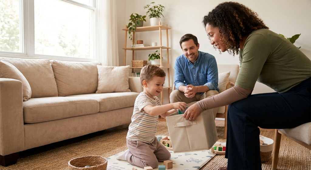 A young child around 4 kneels on a rug in a bright living room, placing toys into a fabric bin with guidance from a female therapist while a parent sits nearby smiling and watching; the home setting is warm and calm, with simple toys, soft neutral furniture, and natural daylight.