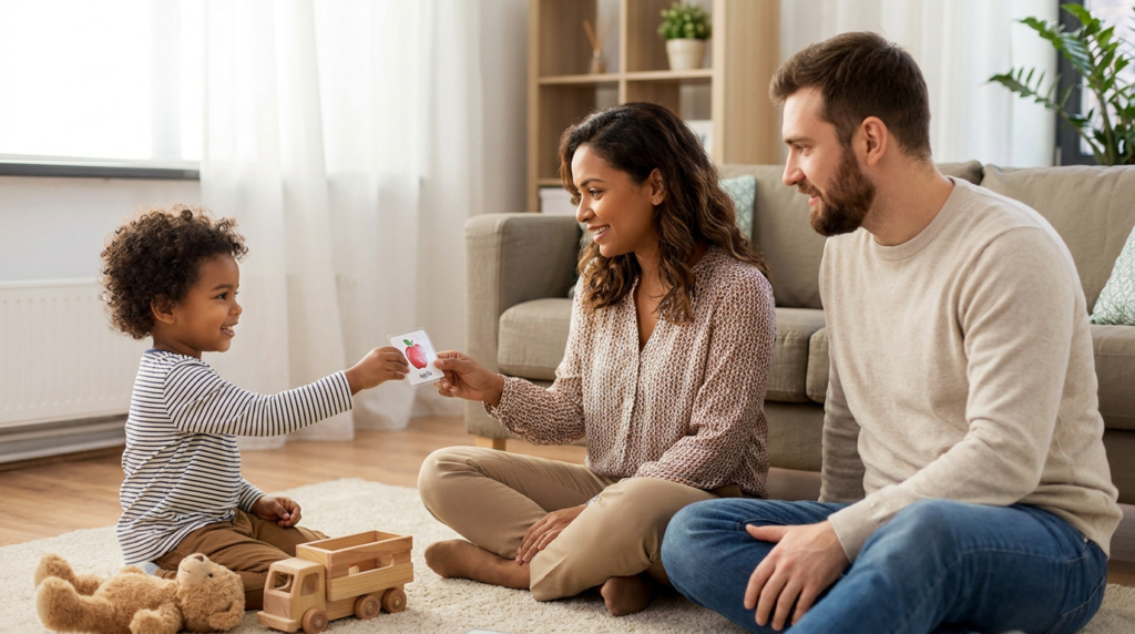 A young child around preschool age sits on a rug in a warm living room and hands a picture card to a smiling female adult while a male parent sits nearby, with simple toys on the floor and soft natural light coming through the window.