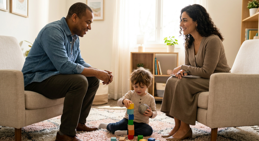 A young child around 3 to 4 years old sits on a soft rug in a warm therapy room, stacking colorful blocks and holding a sensory ball while a parent and a female therapist sit nearby in armchairs, smiling and talking in a calm, welcoming setting.