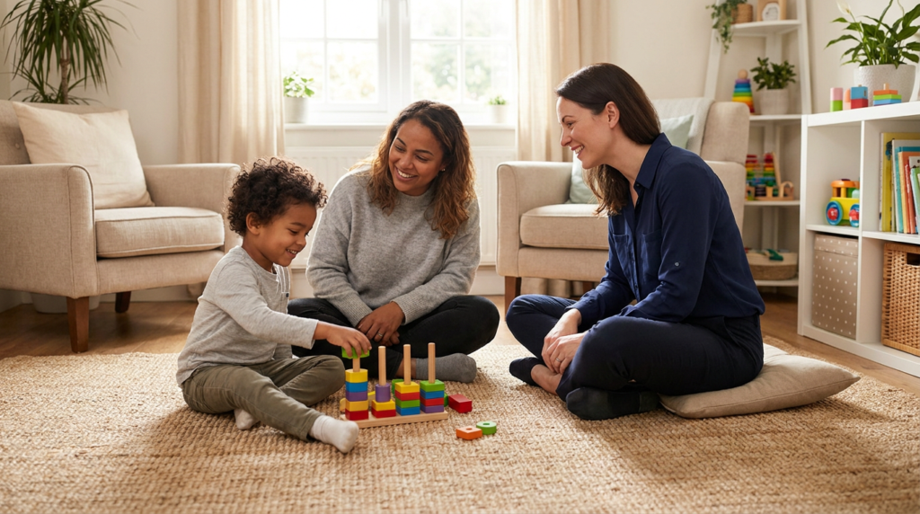 A preschool-aged child sits on a rug in a bright, cozy living room, placing colorful stacking blocks on a wooden toy while a smiling mother and a female therapist sit nearby at floor level, watching supportively.
