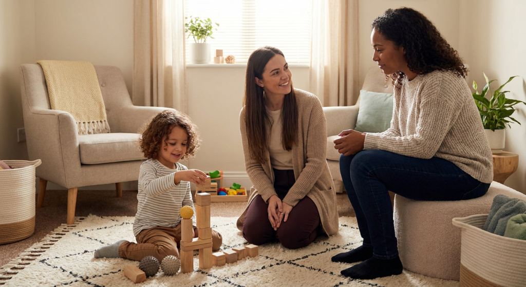A young child around preschool age plays with wooden blocks on a soft rug in a warm living-room-style therapy space while a parent and a female therapist sit nearby smiling and watching supportively.