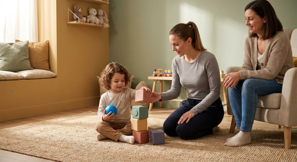 A young child around age 4 sits on a rug in a warm playroom stacking pastel blocks while holding a blue sensory ball, with a female therapist kneeling beside the child and a parent seated nearby, all calm and smiling in soft natural light.