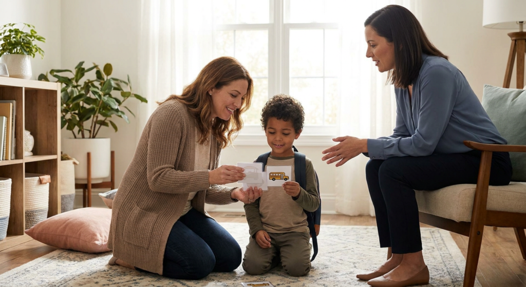 A young child wearing a backpack kneels on a living room rug while holding picture cards, as one woman kneels beside the child and another sits nearby smiling and offering support in a bright, cozy home setting.