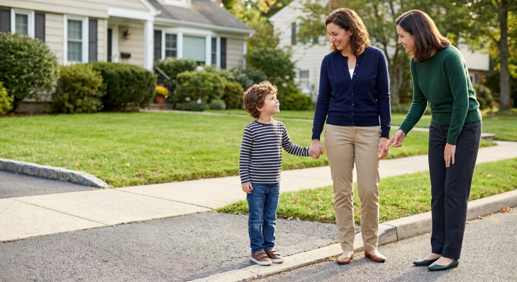 A preschool-aged boy stands at the curb of a quiet neighborhood driveway holding one woman’s hand while another woman gestures supportively beside him, with all three smiling in front of a suburban home on a sunny day.