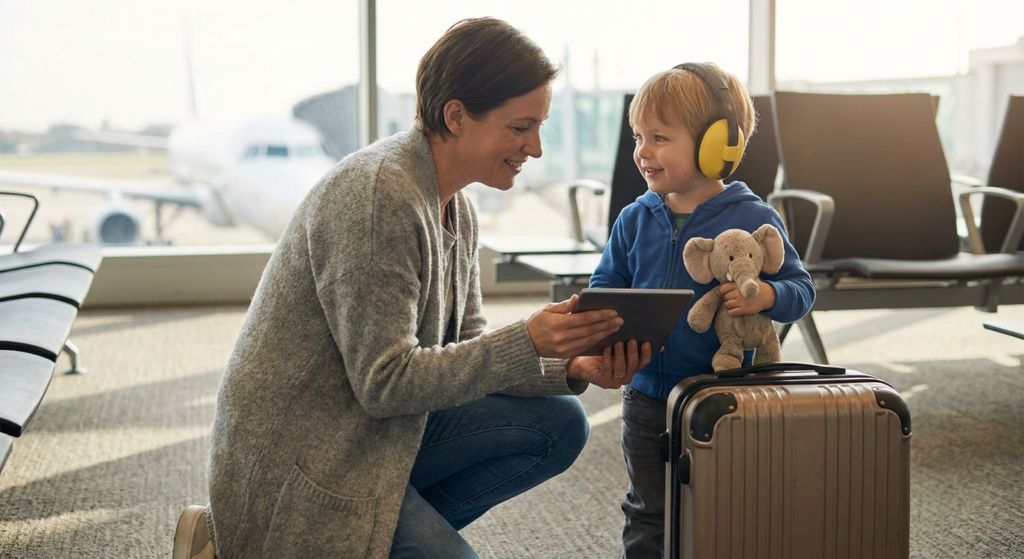 A young child wearing yellow noise-reducing headphones stands beside a small suitcase in a bright airport waiting area, smiling at an adult kneeling nearby while holding a tablet, with the child also holding a stuffed elephant.