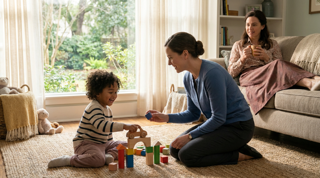 A young boy around 4 years old stands on a blanket in a sunny park near a playground, smiling as he hands a small toy car to a kneeling adult woman while another adult woman sits beside him near a small sensory table and colorful toys.