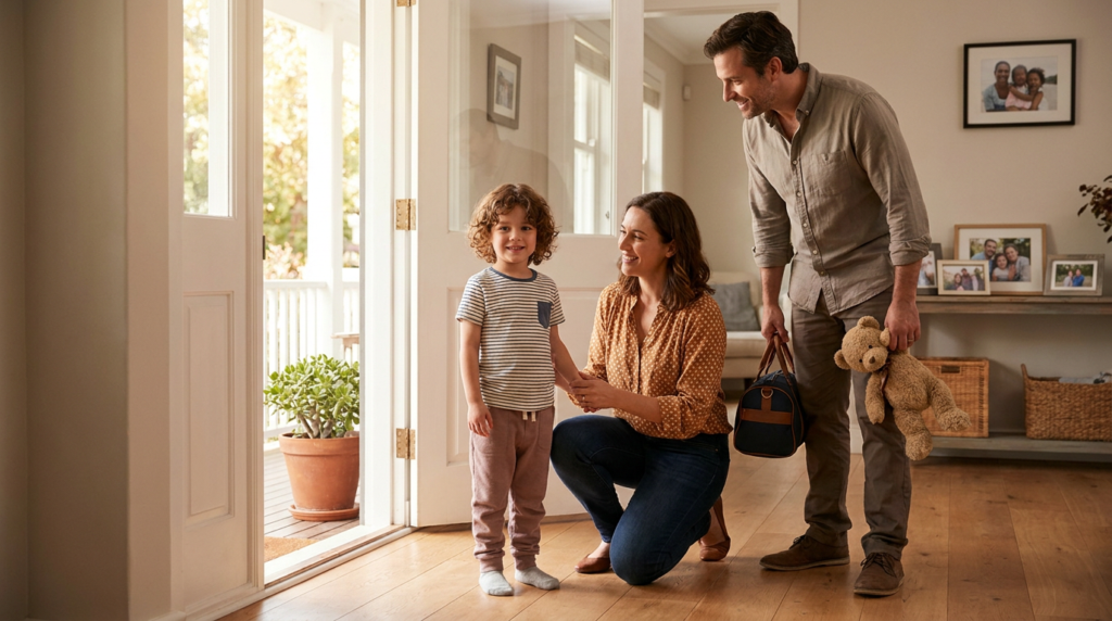 A young child around 4 years old stands in a warm home doorway while one parent kneels beside them holding their hand and the other parent stands nearby with a small overnight bag and teddy bear, creating a calm handoff moment in a bright, cozy entryway.