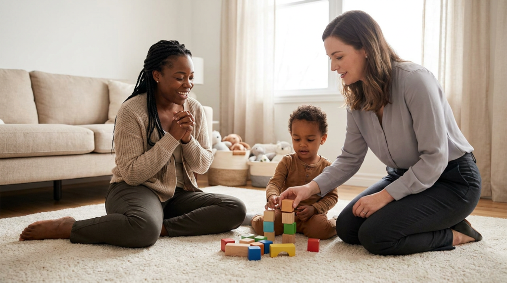 A young child around 3 to 4 years old sits on a soft rug in a bright living room stacking colorful wooden blocks with a female therapist while the child’s mother smiles nearby, with a beige sofa, toy baskets, and soft window light in the background.