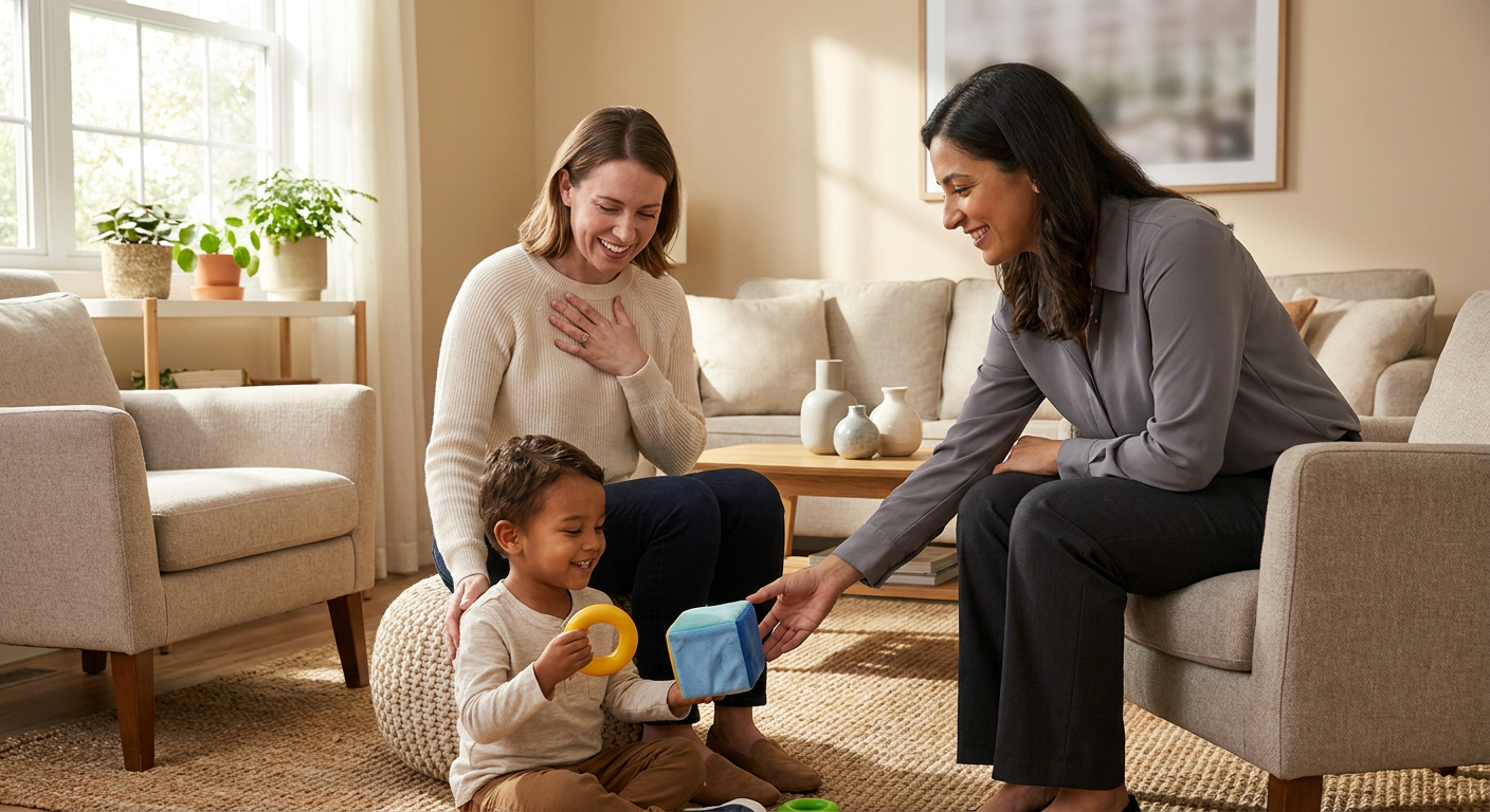 A preschool-aged child sits on a living room rug stacking colorful blocks while a smiling female therapist and parent sit nearby, with a small sand timer and soft daylight in a cozy home setting.