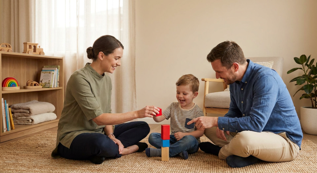 A young child around 4 sits on a rug in a warm, child-friendly therapy room, smiling while stacking blocks with a female therapist and a parent seated nearby, all engaged in the activity.