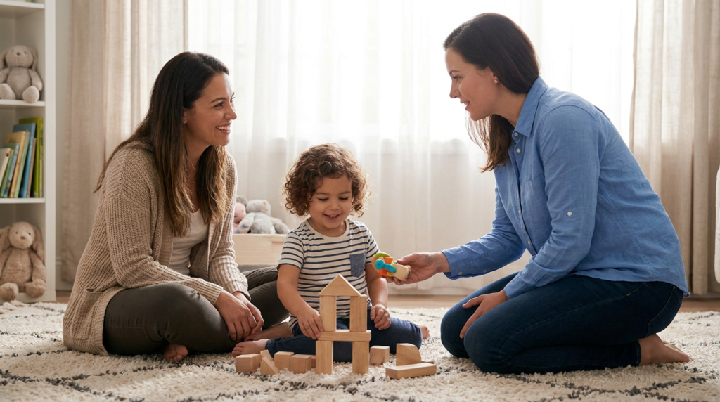 A preschool-age child sits on a living room rug building with wooden blocks while a smiling parent and a female therapist kneel nearby, with soft window light, stuffed animals, and simple toys in the background.
