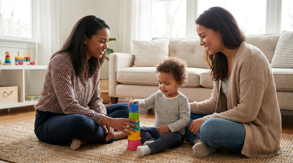 A toddler around 18 months sits on a living room rug stacking colorful cups while two adult women, likely a parent and a therapist, sit nearby smiling and engaging with the child in a warm, sunlit home setting.