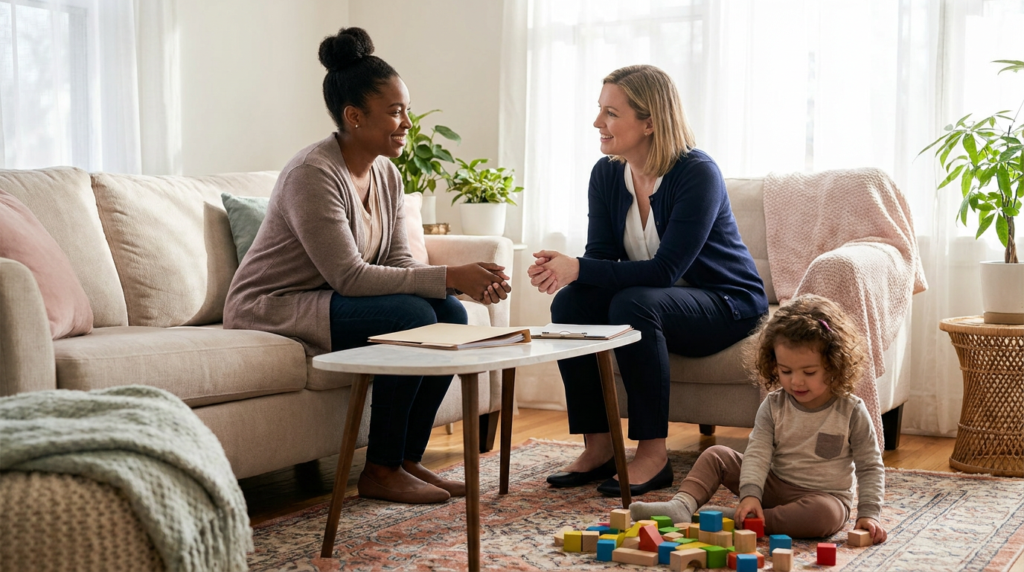 A mother and a female therapist sit facing each other in a bright, cozy living room while a young child around 3 to 4 years old plays with colorful wooden blocks on a rug nearby, with soft natural light, neutral furniture, and a folder and clipboard on the coffee table.