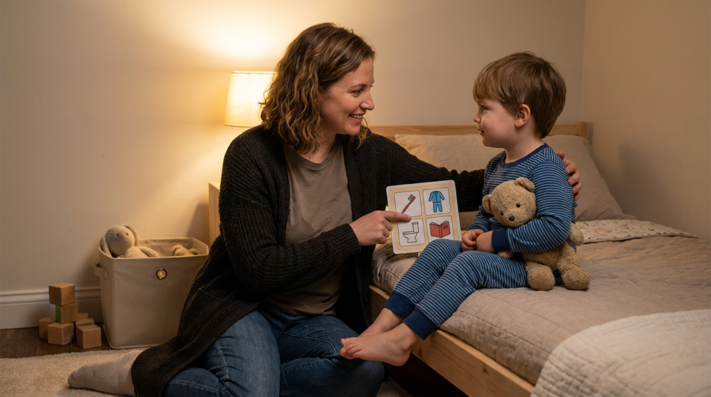 A mother kneels beside a young child, about 4 years old, sitting on a bed in a softly lit bedroom at night, pointing to a simple picture bedtime routine board while the child in blue striped pajamas holds a teddy bear and looks back at her calmly.