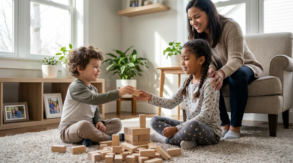 A preschool-aged boy and an older girl sit on a living room rug building with wooden blocks while a smiling parent sits nearby in a chair, gently supporting the interaction in a bright, cozy home setting.