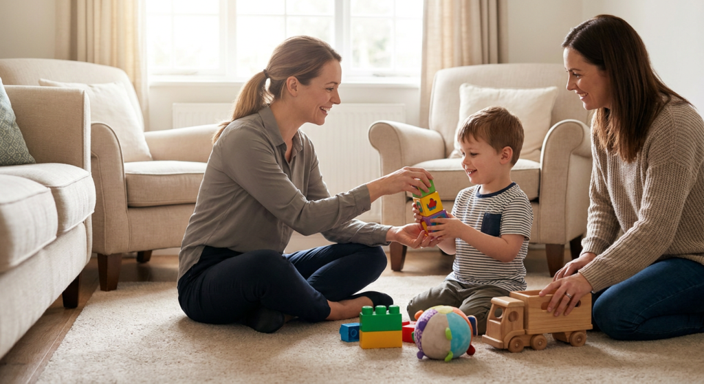 A young child around 4 years old sits on a living room rug and smiles while stacking colorful blocks with a female therapist, while a parent kneels nearby watching supportively; the room has soft natural light, neutral armchairs, and a few simple toys on the carpet.