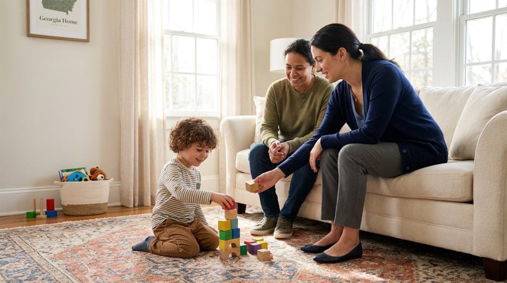 A preschool-age child kneels on a patterned rug in a bright living room, stacking colorful blocks while a smiling female therapist and another adult sit nearby on a sofa and support the play activity.