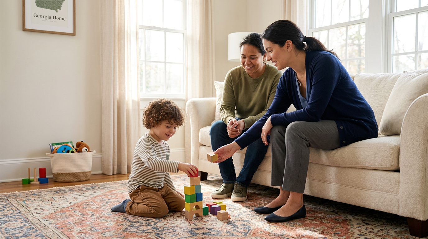 A preschool-age child kneels on a patterned rug in a bright living room, stacking colorful blocks while a smiling female therapist and another adult sit nearby on a sofa and support the play activity.