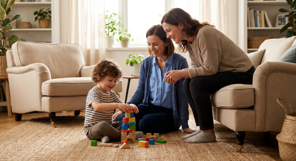 A preschool-aged child sits on a living room rug stacking colorful blocks while two adult women sit nearby at the child’s level, smiling and offering calm support in a warm, sunlit home setting.