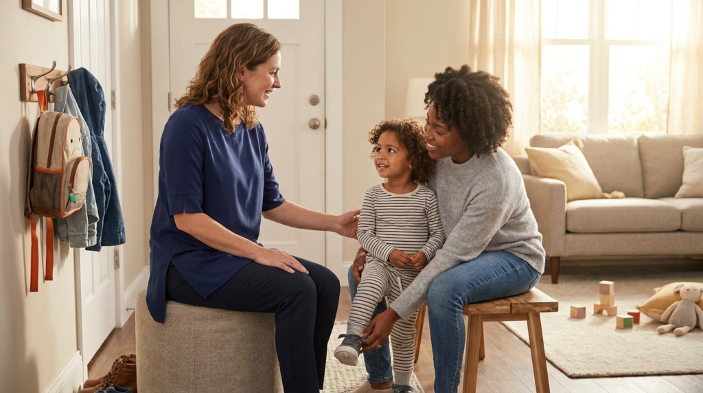 A smiling young child, about 4 years old, stands in a warm home entryway and living room while a parent helps with a shoe and a female therapist sits nearby offering calm support; soft morning light, a small backpack by the door, and a few toys in the background suggest a gentle transition into a community outing.