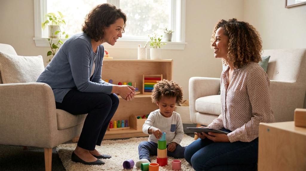 A young child about 3 to 4 years old sits on a soft rug in a warm, child-friendly therapy room stacking colorful cups while his mother and a female therapist smile and talk nearby beside cozy chairs and simple toys in natural light.