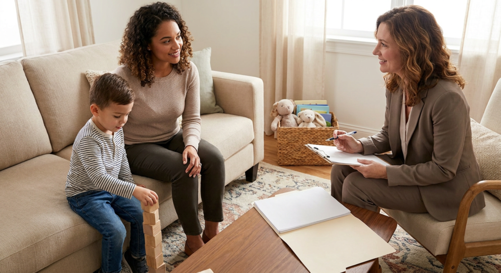 A preschool-aged child stacks wooden blocks in a bright living room while a parent sits beside them on a couch and a female care coordinator or therapist reviews paperwork nearby at a coffee table, creating a warm, organized home setting.