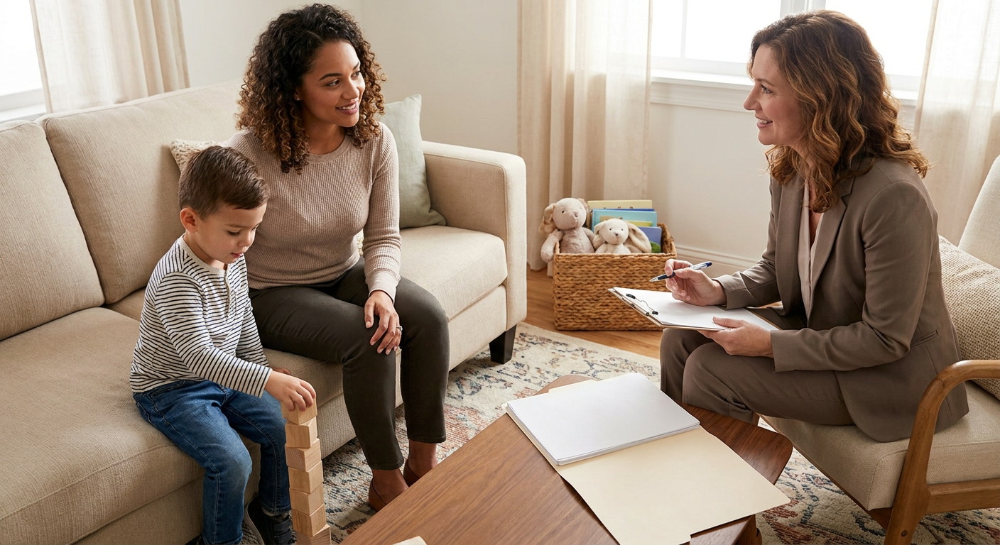 A preschool-aged child stacks wooden blocks in a bright living room while a parent sits beside them on a couch and a female care coordinator or therapist reviews paperwork nearby at a coffee table, creating a warm, organized home setting.