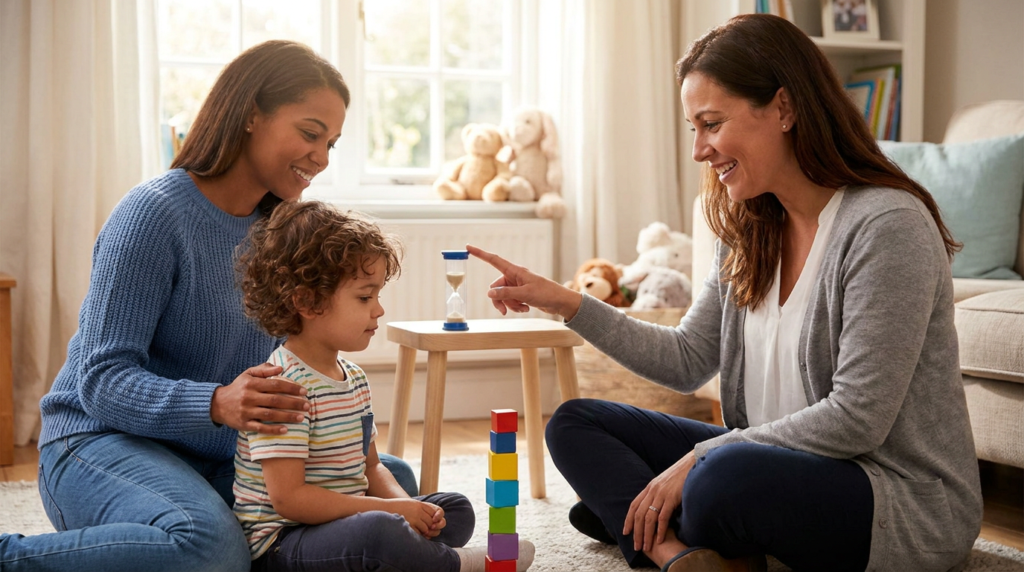 A preschool-aged child sits on a rug in a warm living room, smiling while holding a toy ring and soft block as a seated parent and a female therapist nearby smile and support the play.