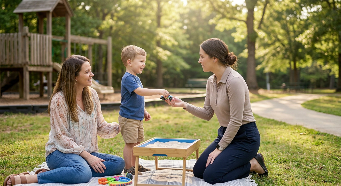 A smiling preschool-age child sits on a rug in a bright home living room, stacking wooden blocks and a toy car with a female therapist kneeling nearby while a woman relaxes on the couch in the background and watches with a warm expression.