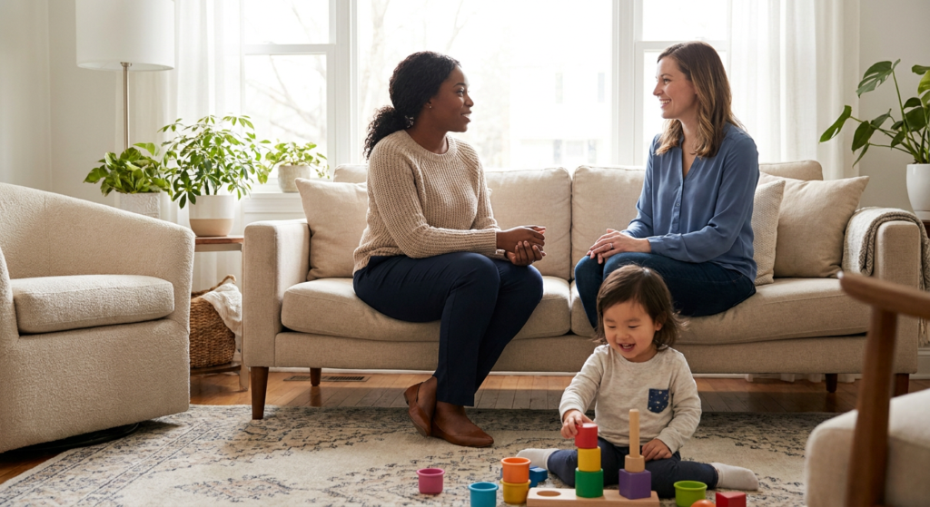 A smiling toddler around 3 years old sits on a rug in a bright, cozy living room stacking colorful wooden blocks while two women sit on a couch behind the child having a calm, supportive conversation.