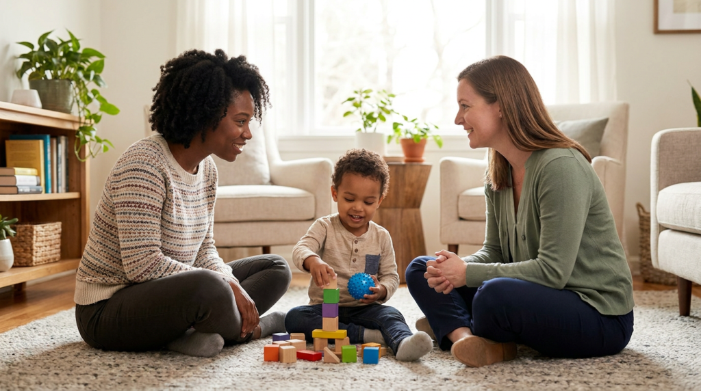 A young child around 3–4 years old sits on a cozy living room rug stacking colorful blocks and holding a blue sensory ball while a Black mother and a female therapist sit nearby smiling in a bright, warm home setting.