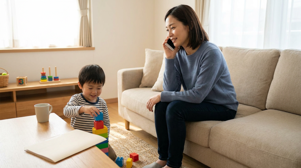 A mother sits on a sofa in a warm living room, talking on her phone while watching a smiling young boy around preschool age stack colorful blocks beside a coffee table with a closed folder, with soft daylight and simple toys in the background.