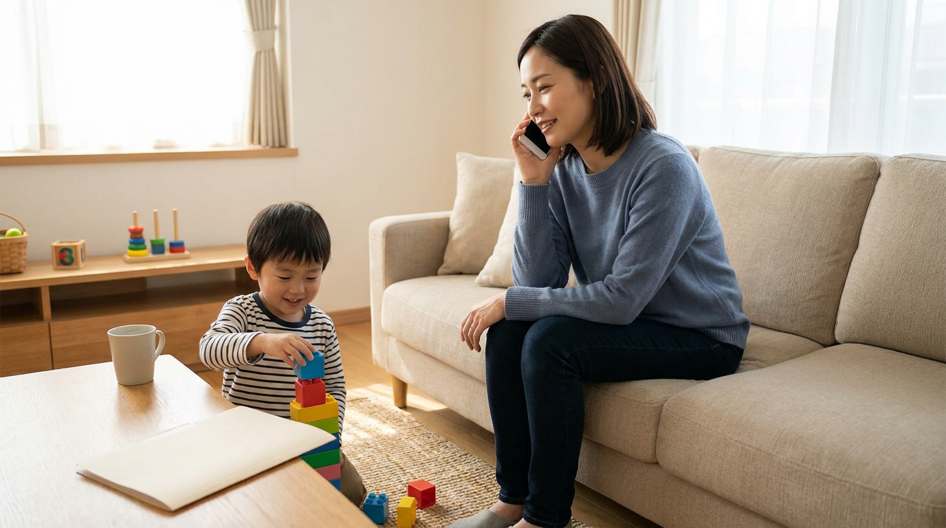 A mother sits on a sofa in a warm living room, talking on her phone while watching a smiling young boy around preschool age stack colorful blocks beside a coffee table with a closed folder, with soft daylight and simple toys in the background.