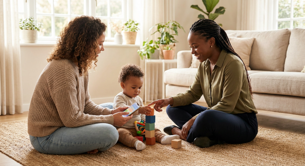A parent, a female therapist, and a toddler around 2 to 3 years old sit together on a rug in a bright home living room, stacking colorful blocks while the parent holds a smartphone and the child stays calm and engaged.