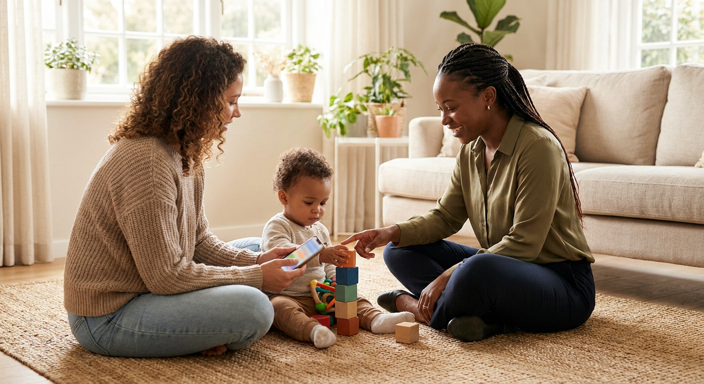A parent, a female therapist, and a toddler around 2 to 3 years old sit together on a rug in a bright home living room, stacking colorful blocks while the parent holds a smartphone and the child stays calm and engaged.