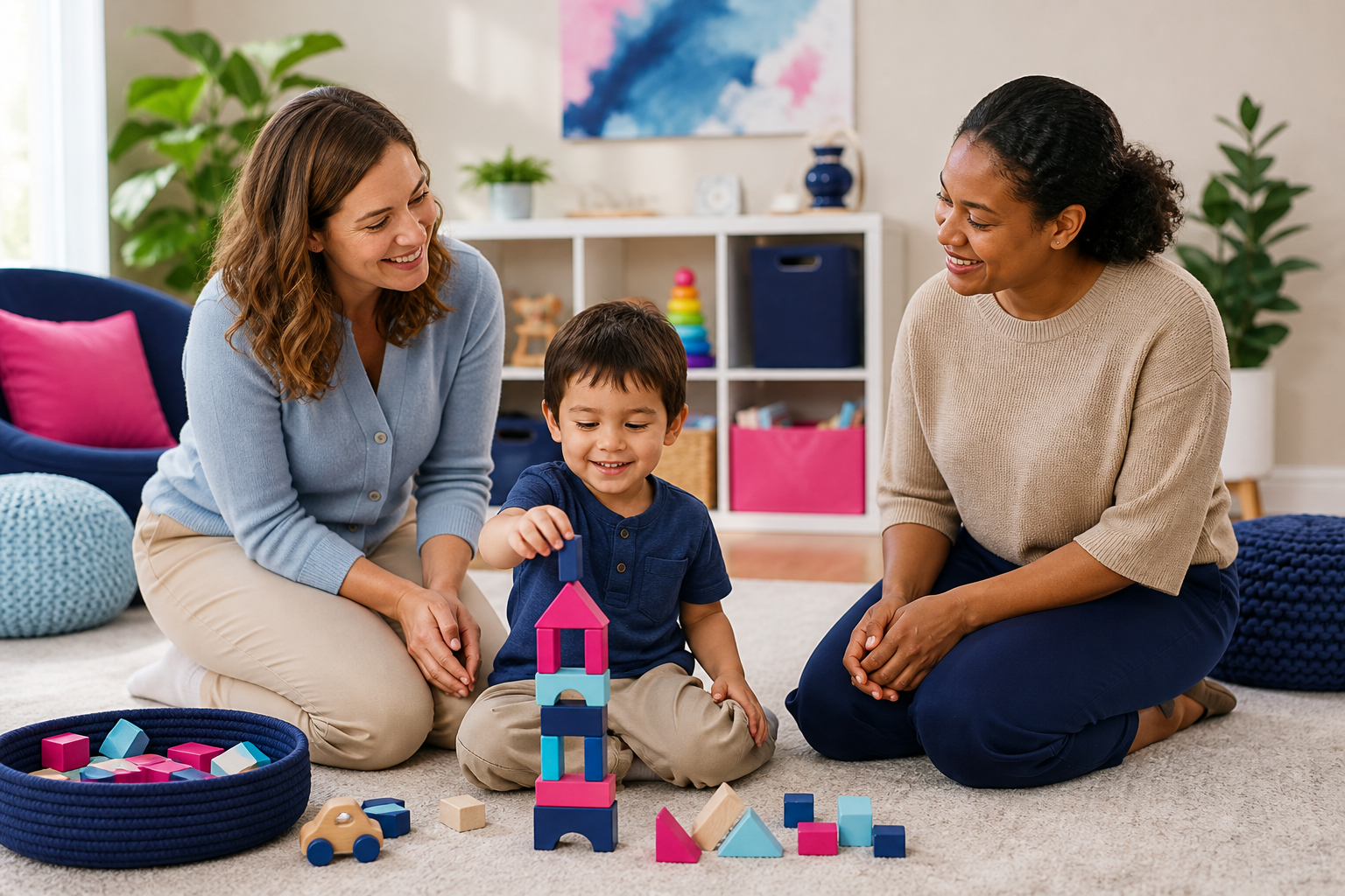 A preschool-age child sits on a soft rug in a warm therapy playroom, smiling and playing with colorful blocks while a female therapist kneels at eye level and a parent sits nearby, watching supportively; the room includes tidy toys and subtle navy, pink, and light blue accents.