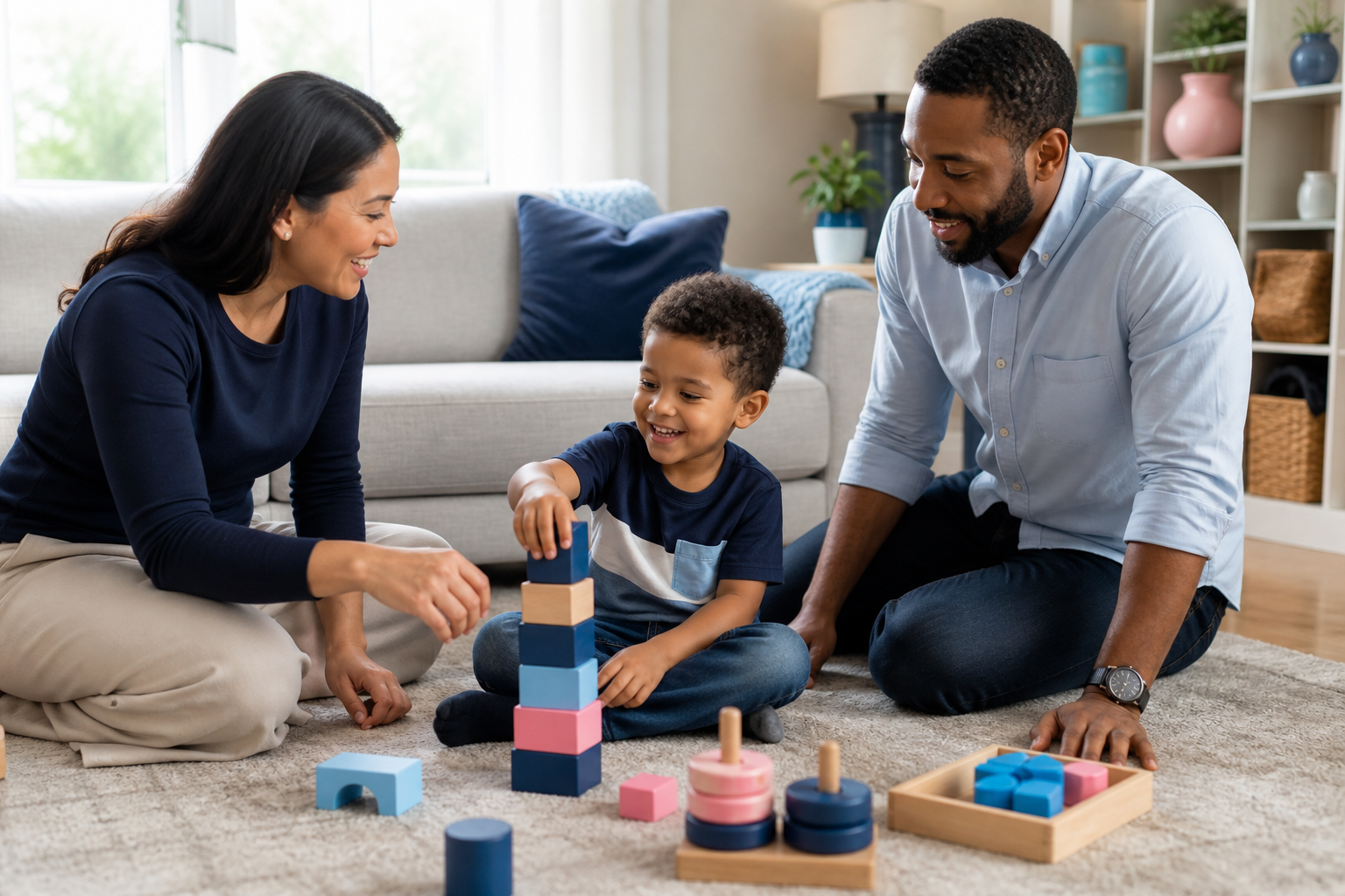 A preschool-age child sits on a living room rug playing with colorful blocks while a female therapist kneels nearby and a parent smiles from close by in a warm, tidy home setting.