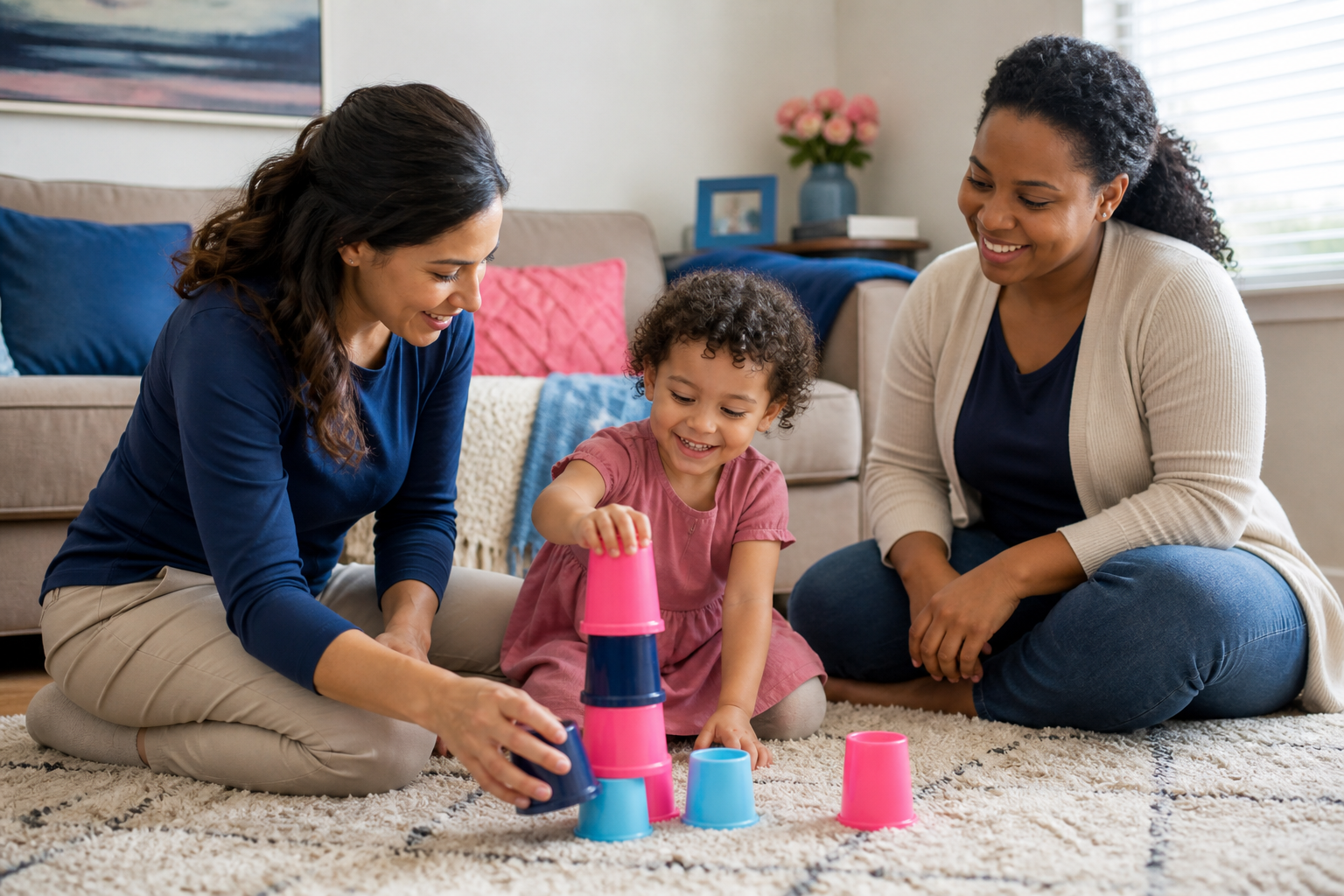 A young child around preschool age sits on a living room rug at home, smiling and stacking colorful cups with a female therapist kneeling beside them while a parent watches nearby from a sofa, with soft natural light, bright toys, and cozy blue and pink accents in the room.