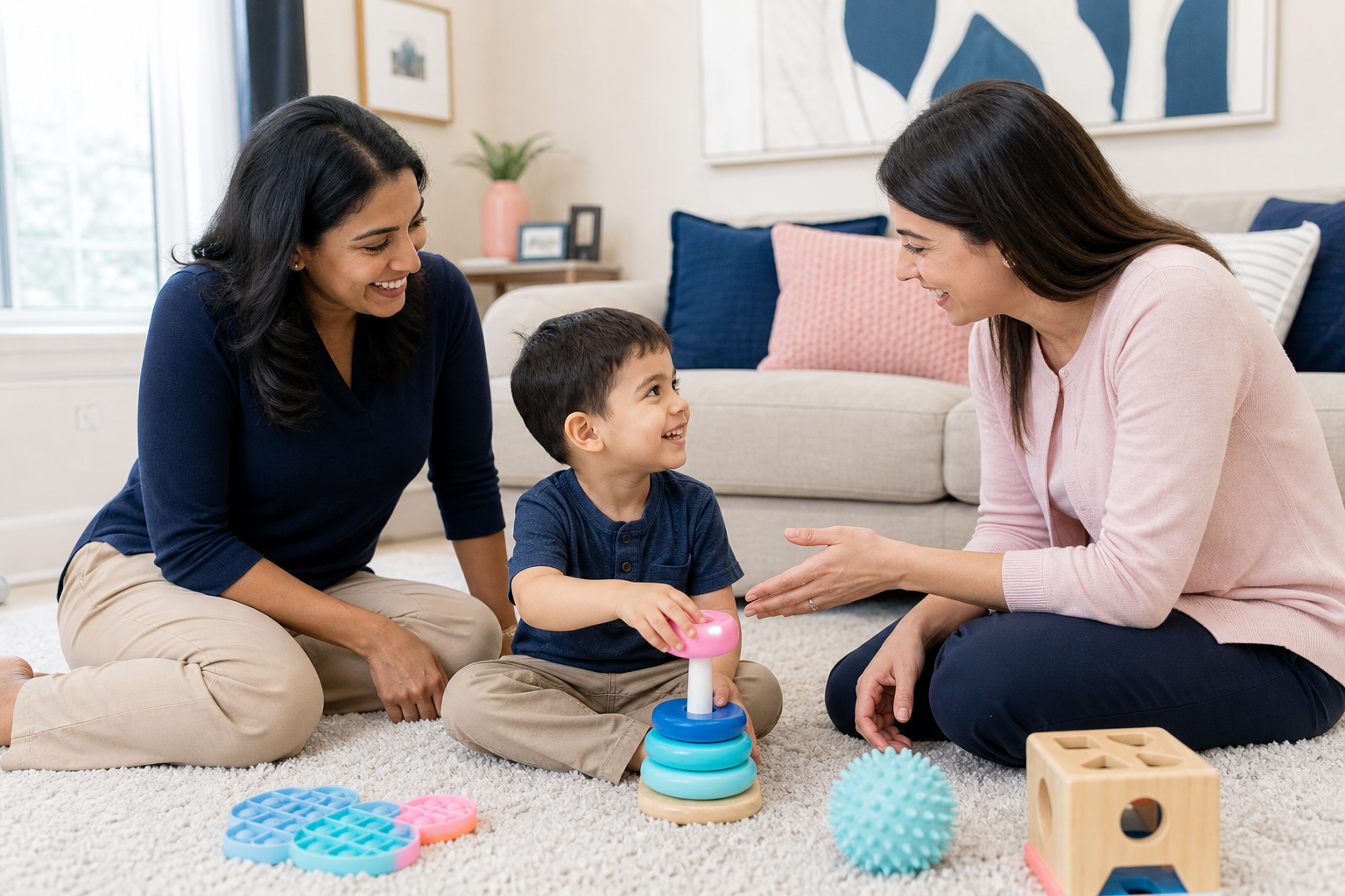 A preschool-age child sits on a rug in a bright living room playing with colorful stacking toys while a mother and a female therapist kneel nearby, smiling and guiding the play; the room has a sofa and soft navy, aqua, and pink accents.