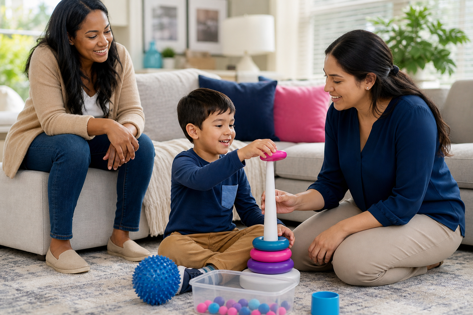 A preschool-age child sits on a living room rug playing with colorful toys while a female therapist kneels nearby and a parent watches from a sofa in a bright, cozy home setting.