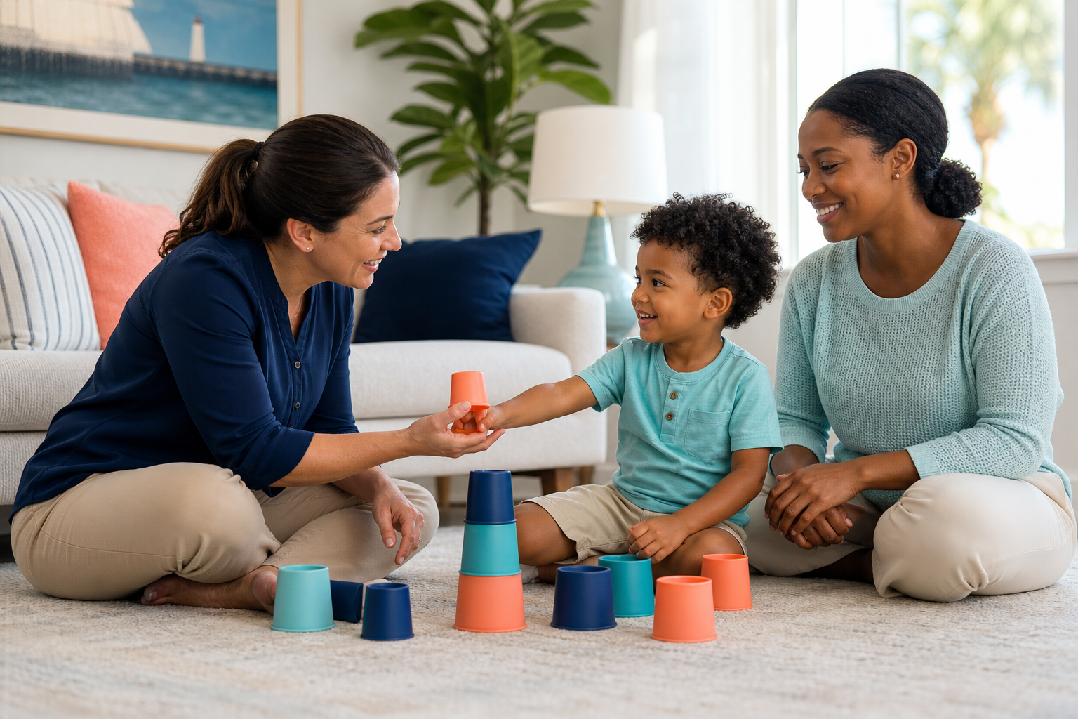 A preschool-aged child sits on the floor in a bright, cozy living room stacking colorful toys with a female therapist while a parent sits nearby smiling, with soft coastal-style decor and blue, aqua, and coral accents in the room.