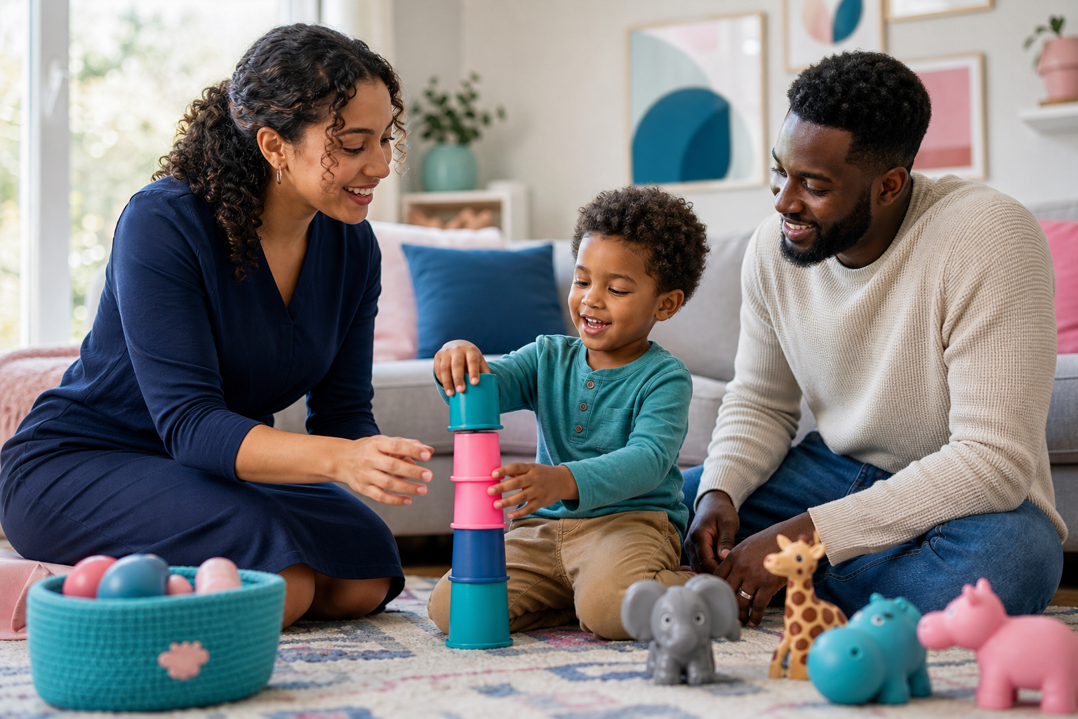 A preschool-aged child sits on a play rug in a bright living room stacking colorful cups while a female therapist kneels nearby and a parent sits close beside them, smiling in soft natural light with simple toys and navy, teal, and pink accents in the room.