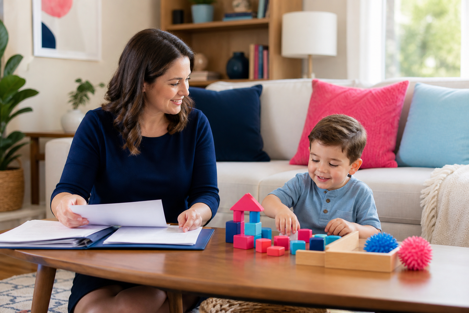 A mother in a modest long-sleeve outfit sits in a cozy living room organizing a small stack of documents while her preschool-age child happily plays with colorful blocks beside her, with navy, pink, and light blue accents in the pillows and toys.