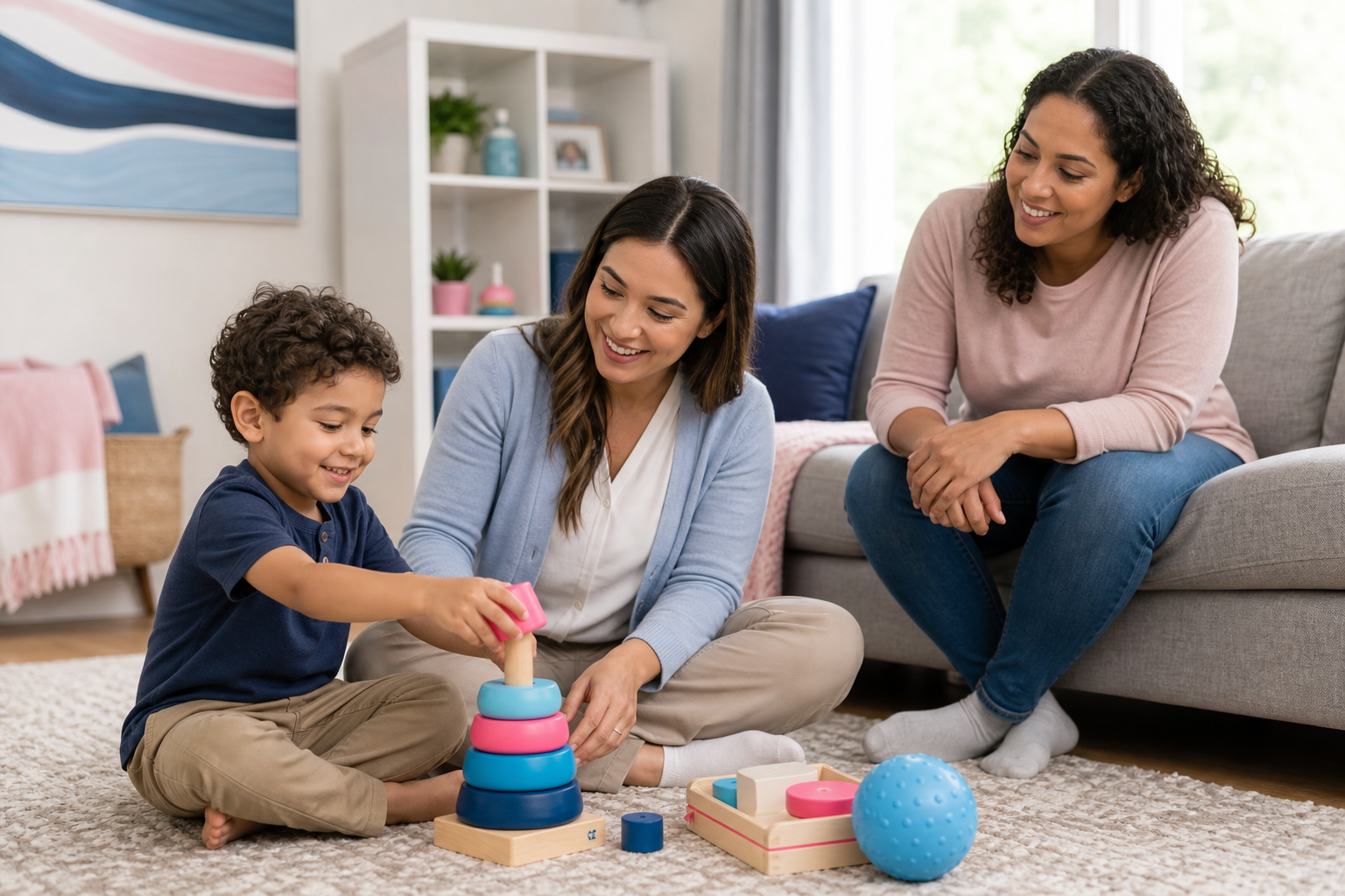 A young child around preschool age sits on the floor in a bright, cozy living room stacking colorful toys with a female therapist beside them while a parent watches nearby, all smiling and engaged in a calm, supportive home setting with soft natural light and blue, pink, and navy accents.