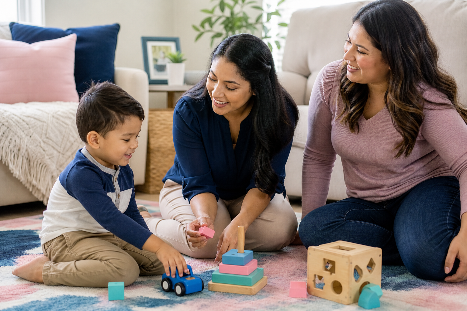A preschool-aged child sits on a colorful rug in a bright living room, playing with blocks and a toy car while a female therapist in modest business-casual clothing engages at the child’s level and a parent watches nearby with a calm smile; navy, aqua, and pink accents appear in the toys and decor.