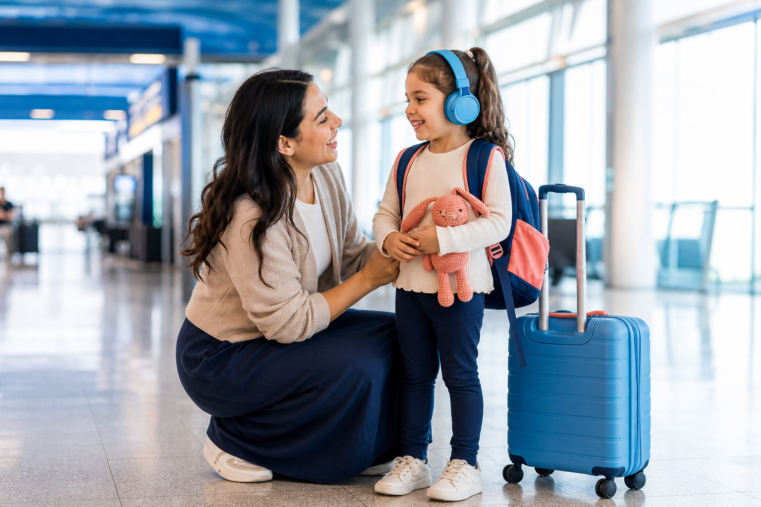 A woman in modest travel clothes kneels beside a preschool-aged child wearing over-ear headphones and holding a small comfort toy in a bright airport terminal, with a rolling suitcase and child backpack nearby as they prepare calmly for travel.